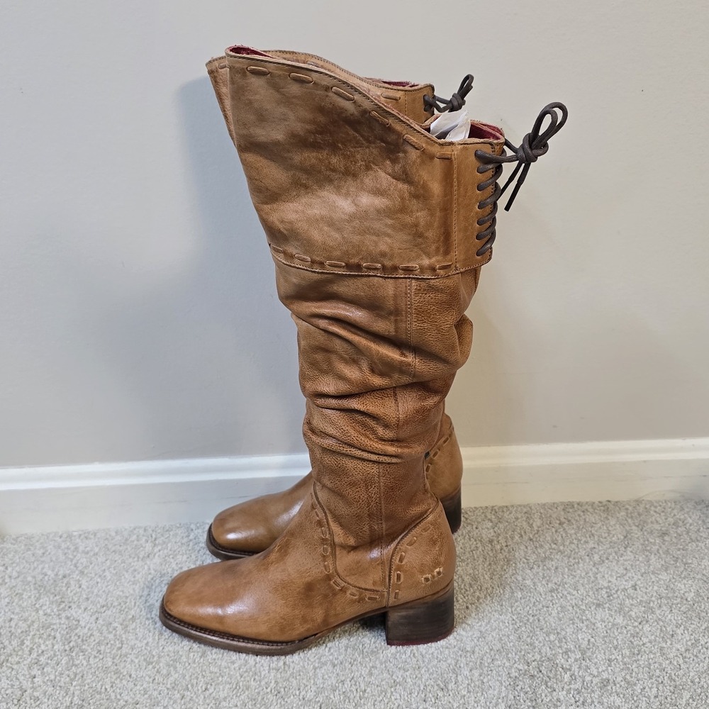 BED|STU Women's Leilani Tall Leather Boots‎ Lace-Up Back Slouch Style Brown Sz 7